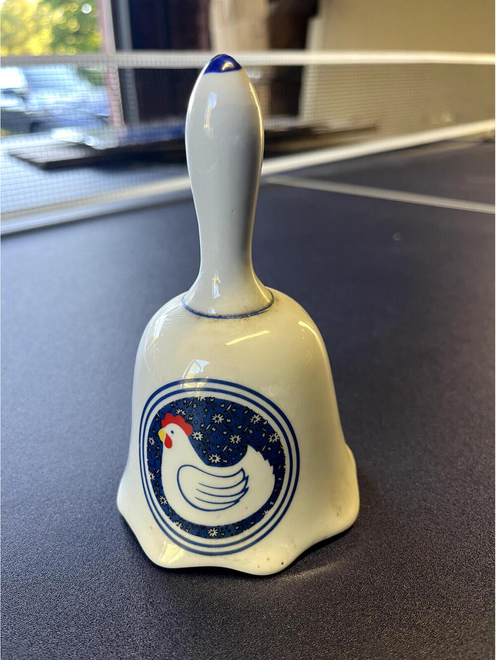 Vintage Chicken Ceramic Dinner Bell, White and Blue 4” Tall